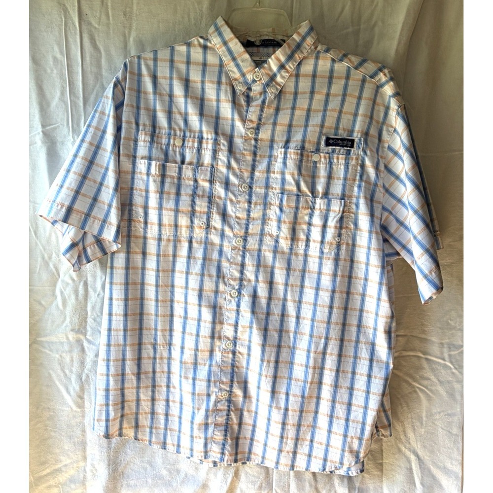 Columbia PFG Shirt Mens XL Blue Plaid Short Sleeve Lightweight Vented Outdoors